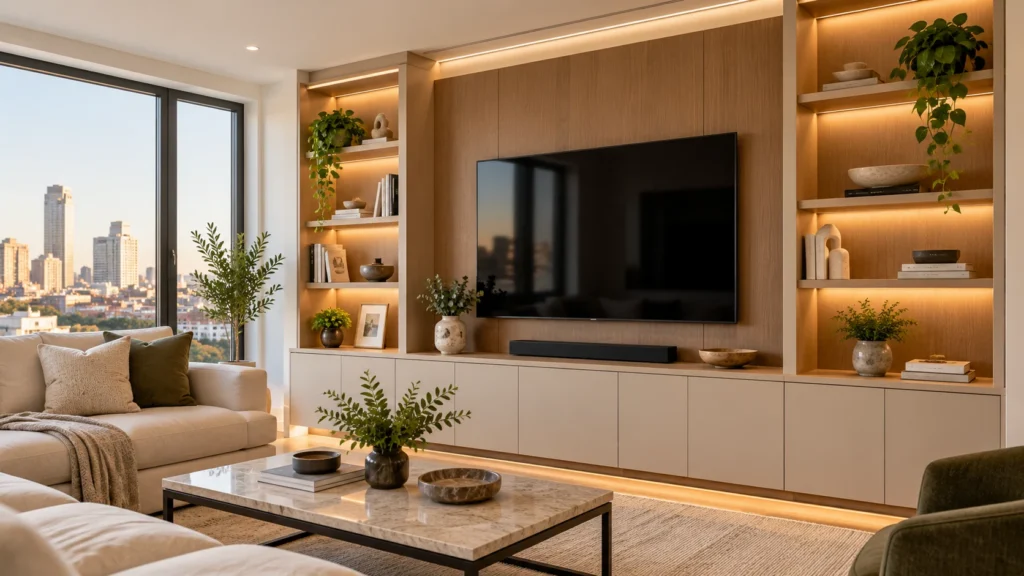 Custom built-in TV unit with wood media wall and shelving in an NYC living room